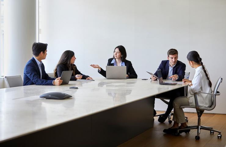 A group of professionals engaged in a meeting at a modern conference table in an office setting.